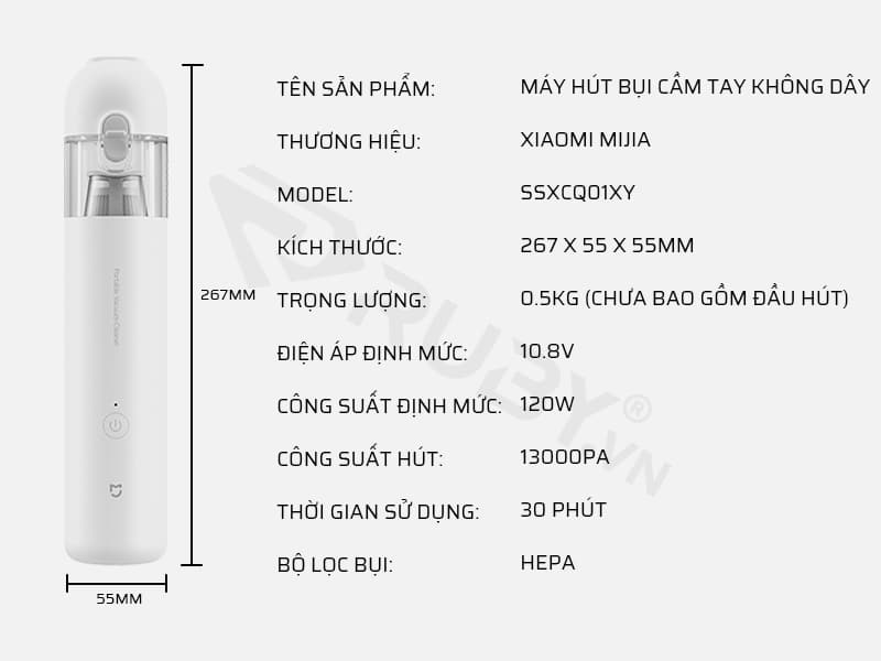 Thông số kỹ thuật máy hút bụi cầm tay không dây Xiaomi Mijia SSXCQ01XY