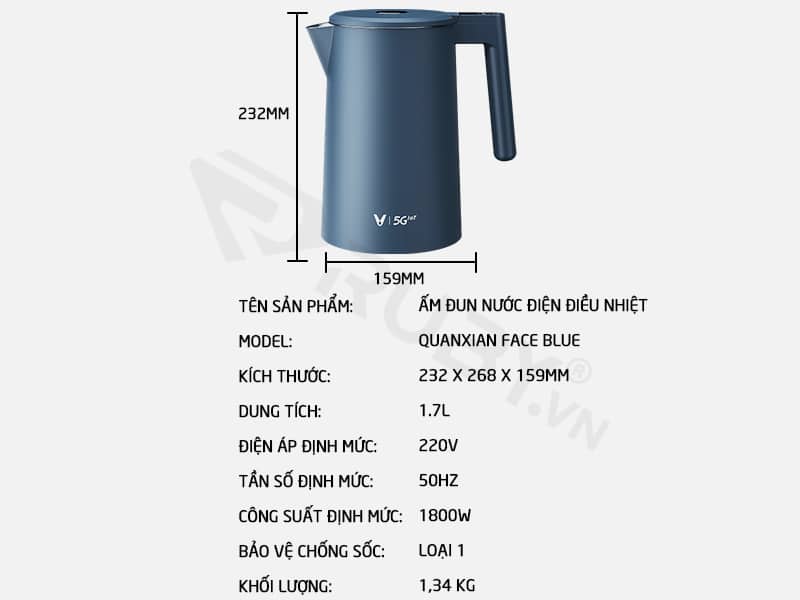 Thông số kỹ thuật ấm đun nước điện điều nhiệt Xiaomi Viomi FACE YM-K1706