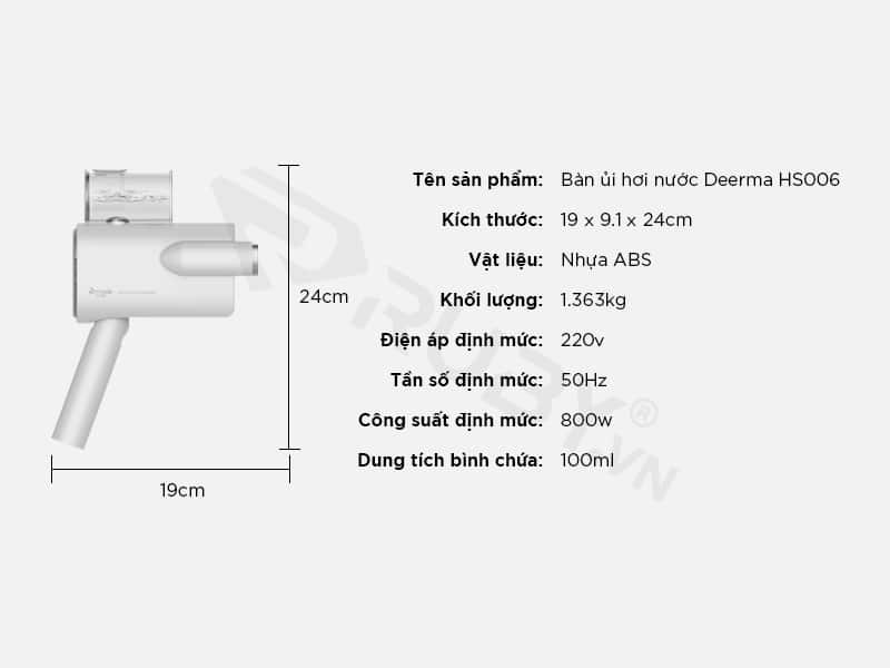 Thông số kỹ thuật bàn ủi hơi nước cầm tay Deemar HS006