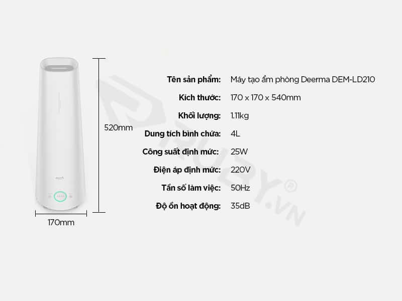 Thông số kỹ thuật máy tạo độ ẩm trong phòng Xiaomi Deerma DEM-LD210