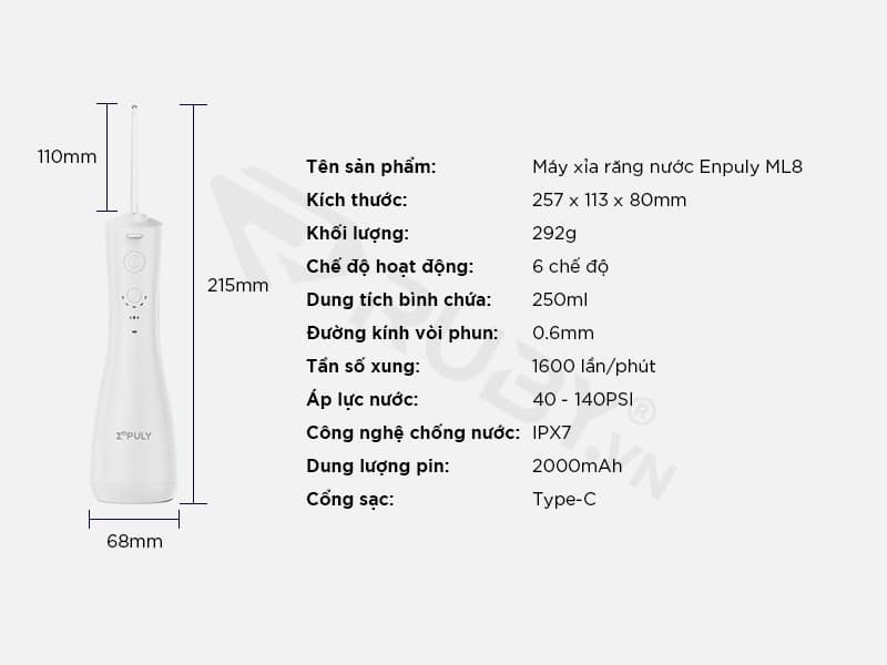 Thông số kỹ thuật Máy tăm nước Xiaomi Enpuly ML8