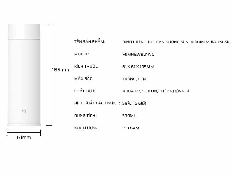 Thông số kỹ thuật bình giữ nhiệt chân không mini Xiaomi Mijia 350ml