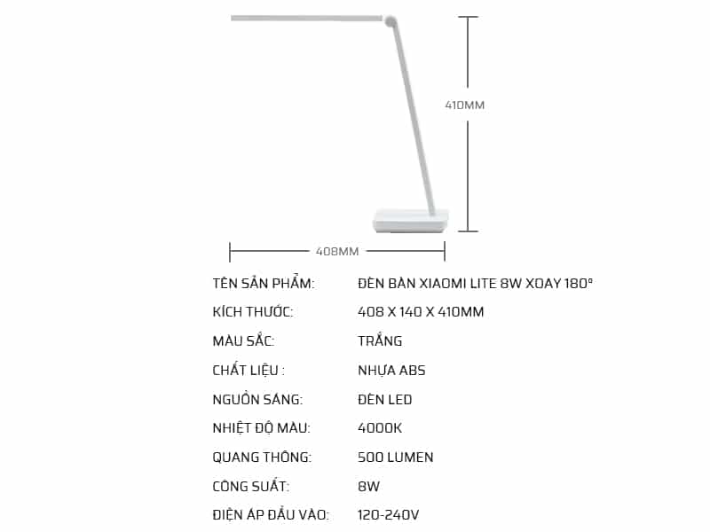 Thông số kỹ thuật đèn bàn Xiaomi Lite 8W xoay 180°