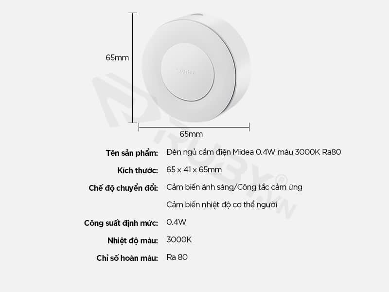 Thông số kỹ thuật đèn ngủ cảm biến Xiaomi Midea 3000K