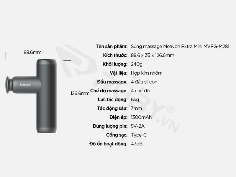 Thông số kỹ thuật Súng massage cầm tay Xiaomi Meavon Extra Mini MVFG-M281