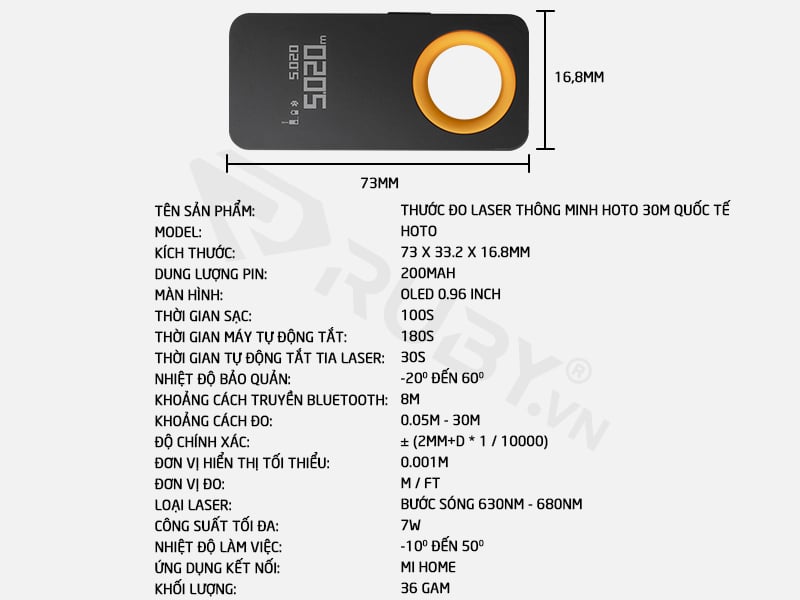 Thông số kỹ thuật thước đo laser thông minh Xiaomi Hoto 30m