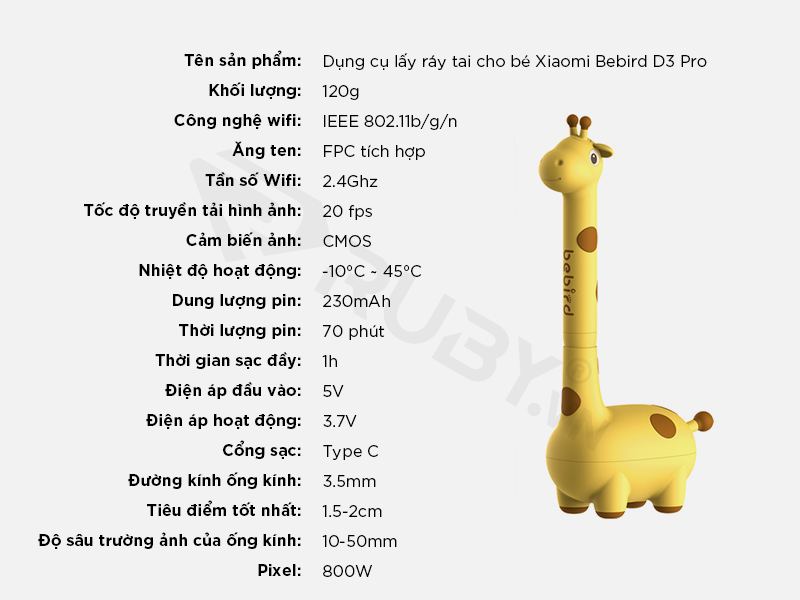 Thông số kỹ thuật Dụng cụ lấy ráy tai cho bé Xiaomi Bebird D3 Pro