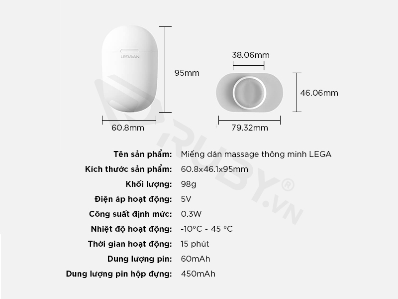 Thông số kỹ thuật Miếng dán massage thông minh Xiaomi LEGA